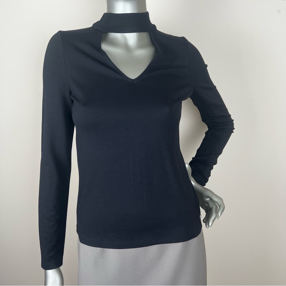 Karen Millen Keyhole Mock Neck Black Stretch Long Sleeve Top Sexy  Sz 6 (4)